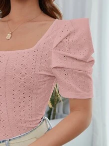 SHEIN Clasi Áo thun nữ Tranh thêu màu trơn Giải trí - Bụi hồng - Xem 5