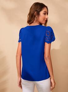 SHEIN Clasi Laser Cut Out Puff Sleeve Blouse - Royal Blue - View 2