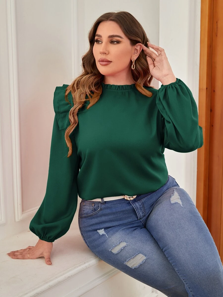 SHEIN Clasi Plus Frill Trim Lantern Sleeve Blouse - Dark Green - View 1