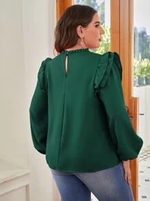 SHEIN Clasi Plus Frill Trim Lantern Sleeve Blouse - Dark Green - View 2