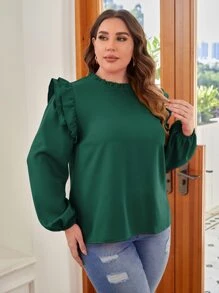 SHEIN Clasi Plus Frill Trim Lantern Sleeve Blouse - Dark Green - View 4