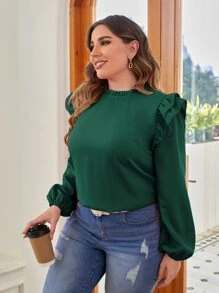 SHEIN Clasi Plus Frill Trim Lantern Sleeve Blouse - Dark Green - View 5
