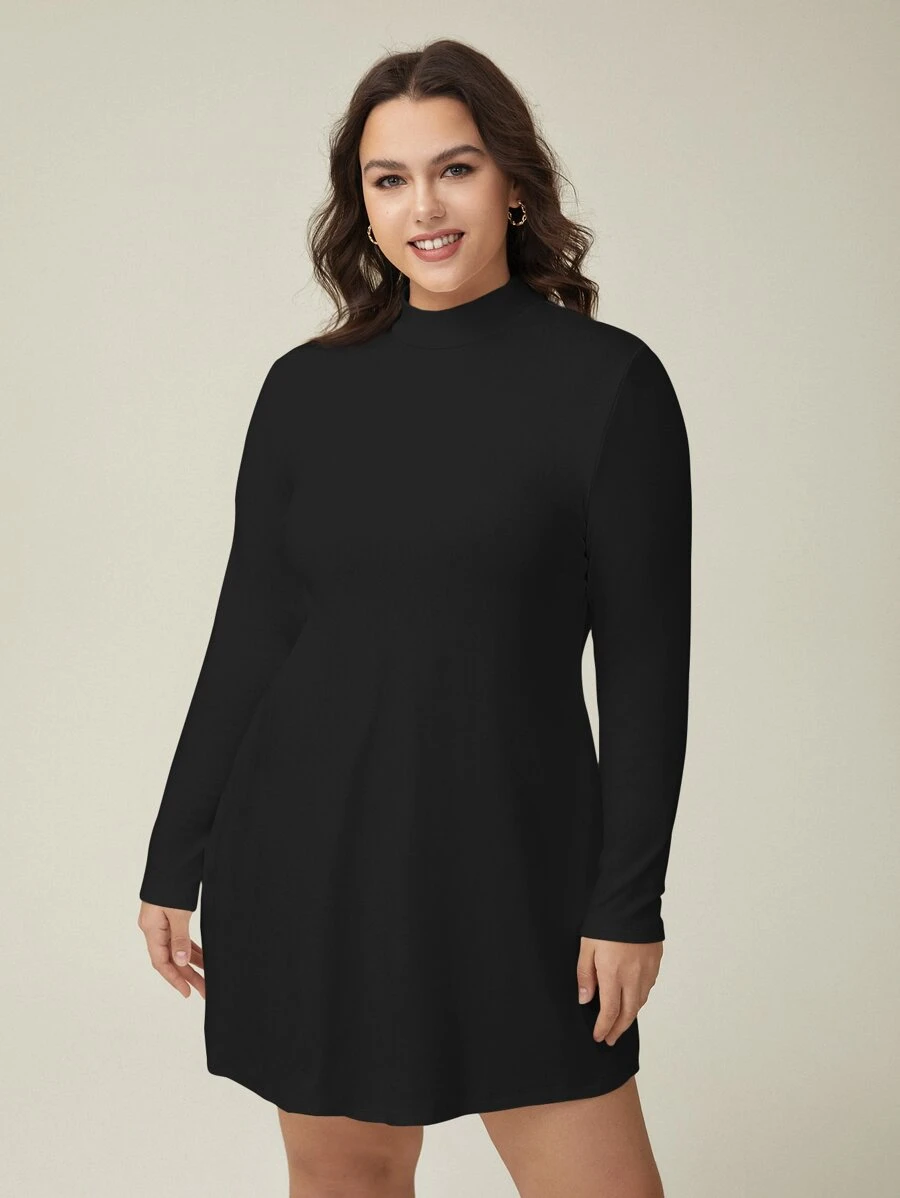 SHEIN BASICS Plus Mock Neck Dress Without Belt - Black - View 1