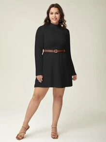 SHEIN BASICS Plus Mock Neck Dress Without Belt - Black - View 5