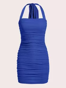 SHEIN ICON Ruched Backless Halter Bodycon Dress - Royal Blue - View 1
