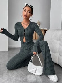 SHEIN EZwear Ribbed Knit Crop Top & Flare Leg Pants - Dark Grey - View 3