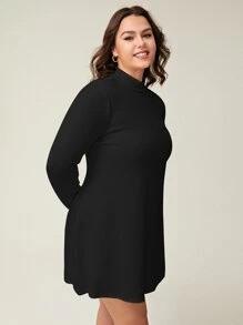 SHEIN BASICS Plus Mock Neck Dress Without Belt - Black - View 6