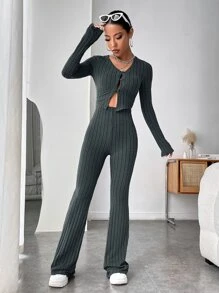 SHEIN EZwear Ribbed Knit Crop Top & Flare Leg Pants - Dark Grey - View 6