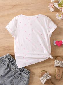 SHEIN Young Girl White Heart And Cartoon Graphic Casual Sweet T-Shirt With Round Neck And Short Sleeves For Summer,Holiday,Summer,Travel - White - View 2