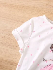 SHEIN Young Girl White Heart And Cartoon Graphic Casual Sweet T-Shirt With Round Neck And Short Sleeves For Summer,Holiday,Summer,Travel - White - View 3