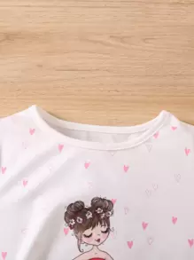 SHEIN Young Girl White Heart And Cartoon Graphic Casual Sweet T-Shirt With Round Neck And Short Sleeves For Summer,Holiday,Summer,Travel - White - View 4