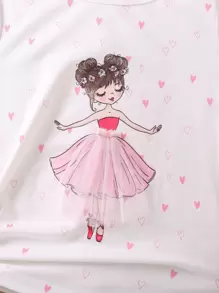 SHEIN Young Girl White Heart And Cartoon Graphic Casual Sweet T-Shirt With Round Neck And Short Sleeves For Summer,Holiday,Summer,Travel - White - View 5