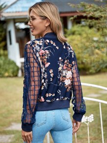 SHEIN Clasi Floral Print Zip Up Contrast Plaid Sleeve Jacket - Navy Blue - View 2