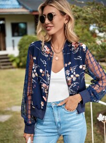 SHEIN Clasi Floral Print Zip Up Contrast Plaid Sleeve Jacket - Navy Blue - View 3