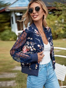 SHEIN Clasi Floral Print Zip Up Contrast Plaid Sleeve Jacket - Navy Blue - View 4