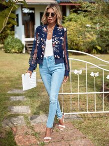 SHEIN Clasi Floral Print Zip Up Contrast Plaid Sleeve Jacket - Navy Blue - View 7