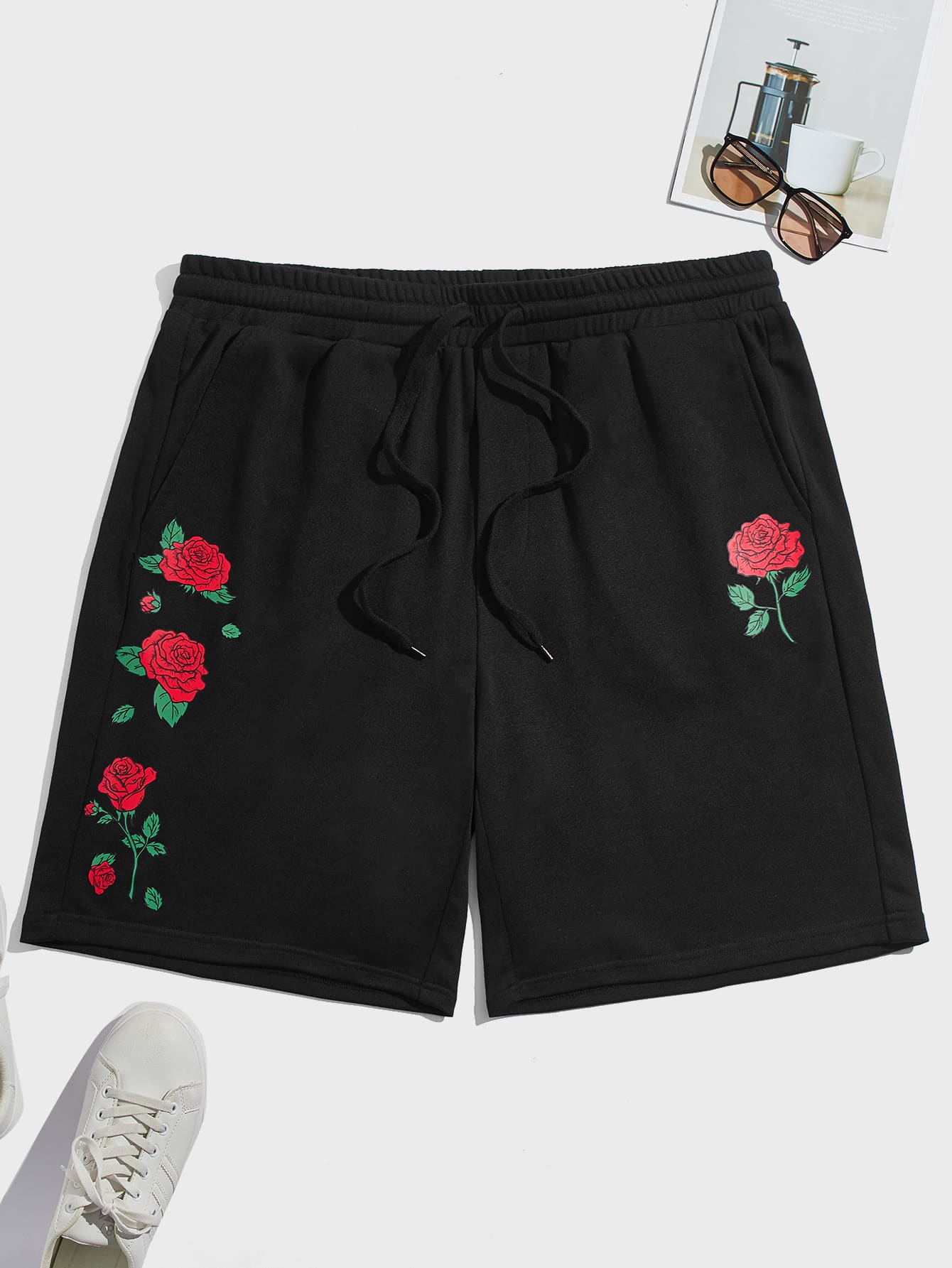 Manfinity Men Floral Print Drawstring Waist Shorts - Black - View 1