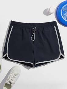 Manfinity VCAY Men Contrast Binding Drawstring Waist Shorts - Navy Blue - View 1
