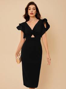 SHEIN Belle Vestido ajustado con abertura ribete con fruncido - Negro - Ver 1