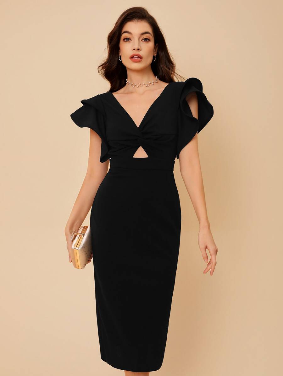 SHEIN Belle Vestido ajustado con abertura ribete con fruncido - Negro - Ver 1