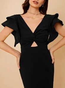 SHEIN Belle Vestido ajustado con abertura ribete con fruncido - Negro - Ver 4