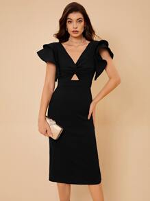 SHEIN Belle Vestido ajustado con abertura ribete con fruncido - Negro - Ver 7