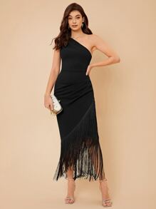 SHEIN Belle Asymmetrical Neck Fringe Hem Dress Elegant Cocktail Semi Formal Prom Wedding Guest Dress, For Birthday, Graduation, Dinner, Homecoming Party Dress