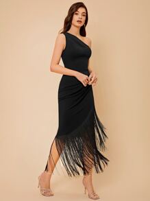 SHEIN Belle Asymmetrical Neck Fringe Hem Dress Elegant Cocktail Semi Formal Prom Wedding Guest Dress, For Birthday, Graduation, Dinner, Homecoming Party Dress