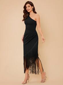 SHEIN Belle Asymmetrical Neck Fringe Hem Dress Elegant Cocktail Semi Formal Prom Wedding Guest Dress, For Birthday, Graduation, Dinner, Homecoming Party Dress