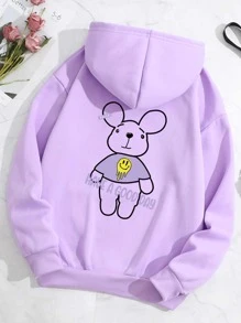 SHEIN EZwear Slogan & Cartoon Graphic Kangaroo Pocket Drawstring Thermal Hoodie - Lilac Purple - View 1