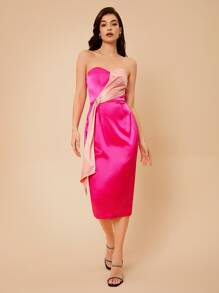 SHEIN Belle Colourblock Tube Satin Dress - Hot Pink - View 1