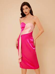 SHEIN Belle Colourblock Tube Satin Dress - Hot Pink - View 3