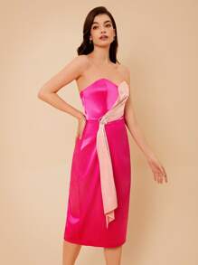SHEIN Belle Colourblock Tube Satin Dress - Hot Pink - View 5