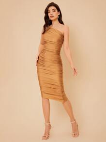 SHEIN BAE Vestido ajustado de un hombro fruncido - Champán - Ver 4