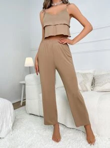 Conjunto homewear pantalones con top de tirantes unicolor - Caqui - Ver 1