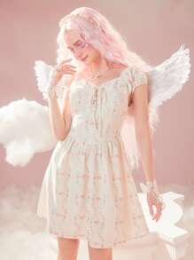 ROMWE Ditsy Floral Print Lace Up Dress - Beige - View 1