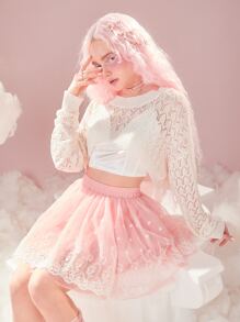 ROMWE Pointelle Knit Drop Shoulder Crop Sweater - White - View 1