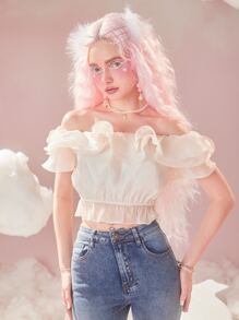 ROMWE Ruffle Trim Off Shoulder Crop Top - Beige - View 5