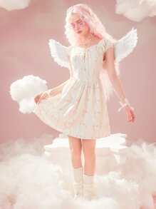 ROMWE Ditsy Floral Print Lace Up Dress - Beige - View 2