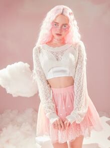 ROMWE Pointelle Knit Drop Shoulder Crop Sweater - White - View 2