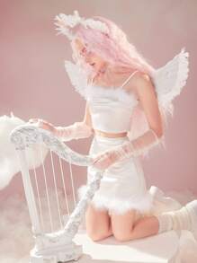 ROMWE Solid Crop Cami Top & Fuzzy Trim Bodycon Skirt - White - View 2