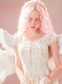 ROMWE Ditsy Floral Print Lace Up Dress - Beige - View 3