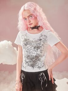 ROMWE Kawaii Camiseta con estampado de corazón - Blanco - Ver 2