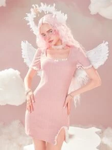 ROMWE Kawaii Lace Trim Split Hem Dress - Pink - View 1