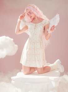 ROMWE Ditsy Floral Print Lace Up Dress - Beige - View 4