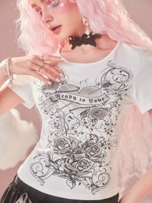 ROMWE Kawaii Camiseta con estampado de corazón - Blanco - Ver 3