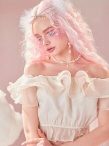 ROMWE Ruffle Trim Off Shoulder Crop Top - Beige - View 9