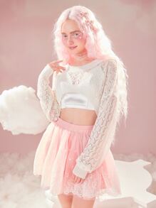 ROMWE Pointelle Knit Drop Shoulder Crop Sweater - White - View 3