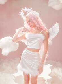 ROMWE Solid Crop Cami Top & Fuzzy Trim Bodycon Skirt - White - View 4