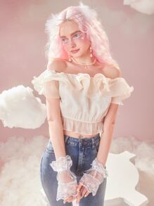 ROMWE Ruffle Trim Off Shoulder Crop Top - Beige - View 7